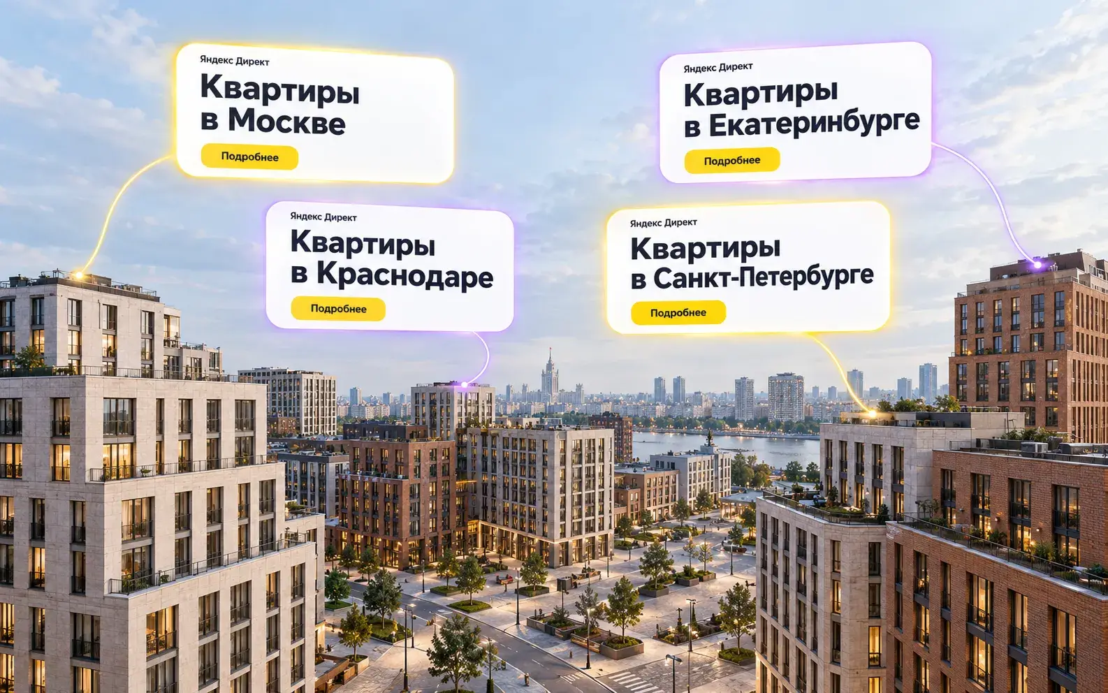 Реклама квартир в Москве, Екатеринбурге, Краснодаре и Санкт-Петербурге